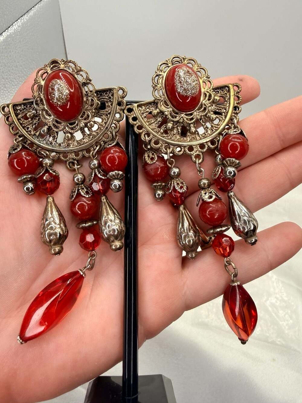 Vintage Filigree Red Bead Chandelier Clip-On Earrings